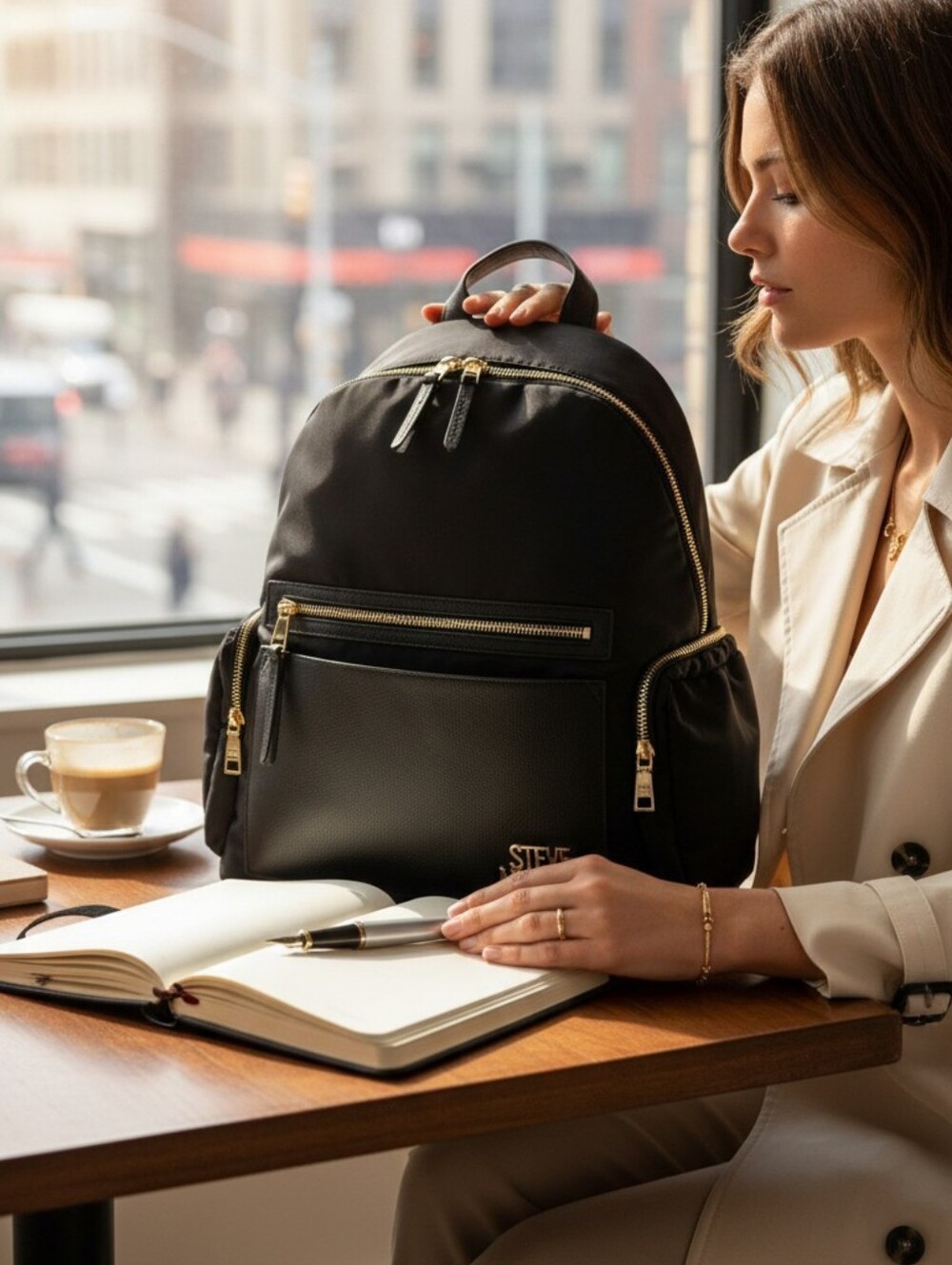 Steve Madden Black Nylon & Faux Leather Backpack with Gold Hardware